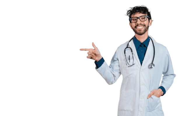 a doctor in a white coat pointing at something